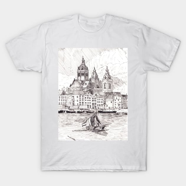 Saint Nicholas Basilica Cathedral Amsterdam City Netherlands Travel Art T-Shirt by Wall-Art-Sketch